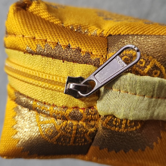 Handmade Indian Patterned Gold Mini Travel Cosmetics Case Zippered Pencil Pouch - Picture 6 of 7